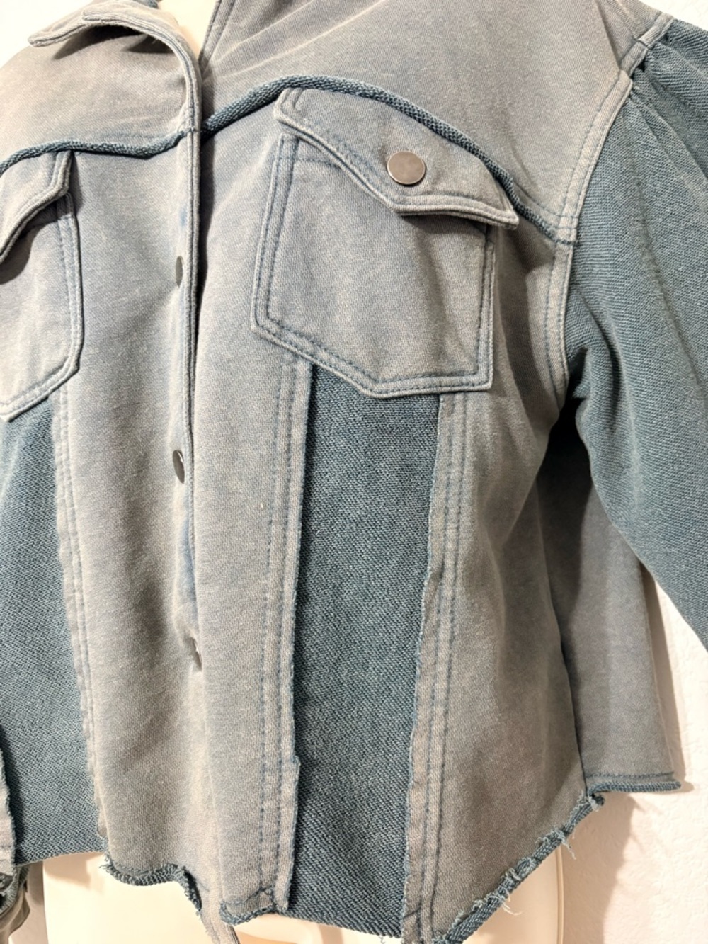 Vici Cropped Teal Blue Green Patchwork Terry Jacket Lightweight Ballon Sleeves S - Picture 8 of 16